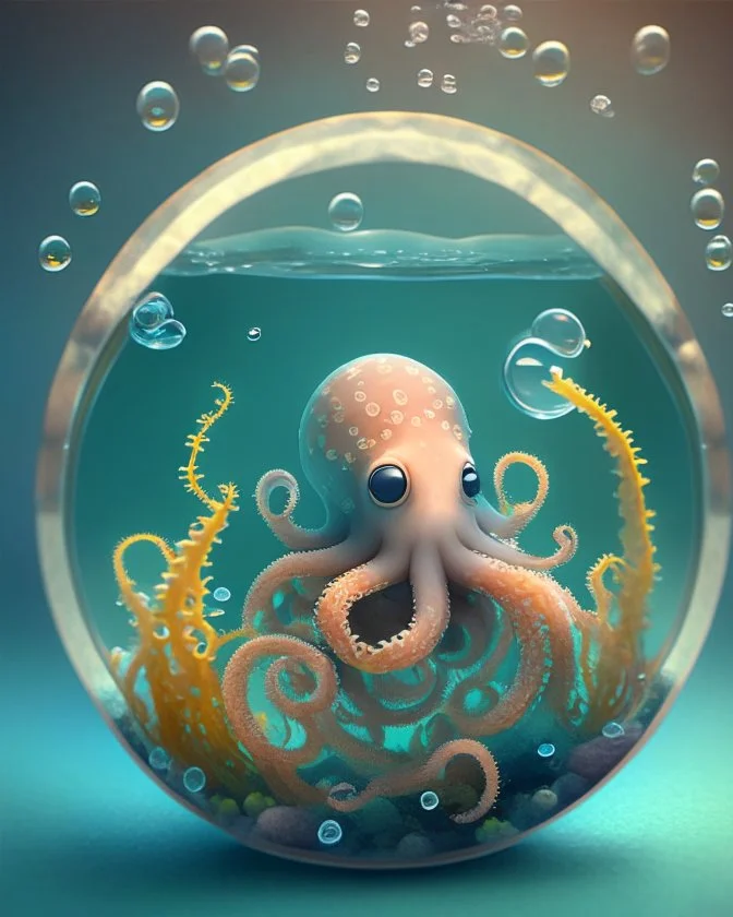 A cute little octopus in a small circular fish tank.