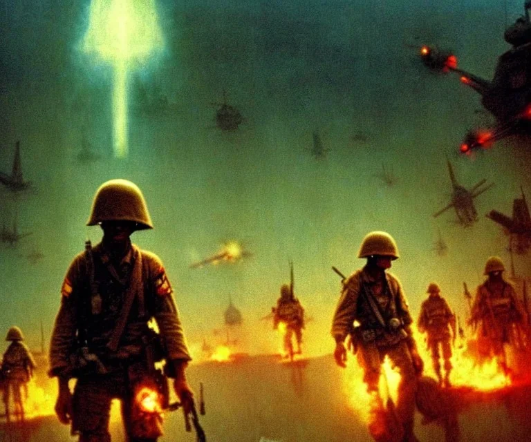 vietnam war. war. napalm. bokeh. lens flare. warm lights. high detailed. beksinski