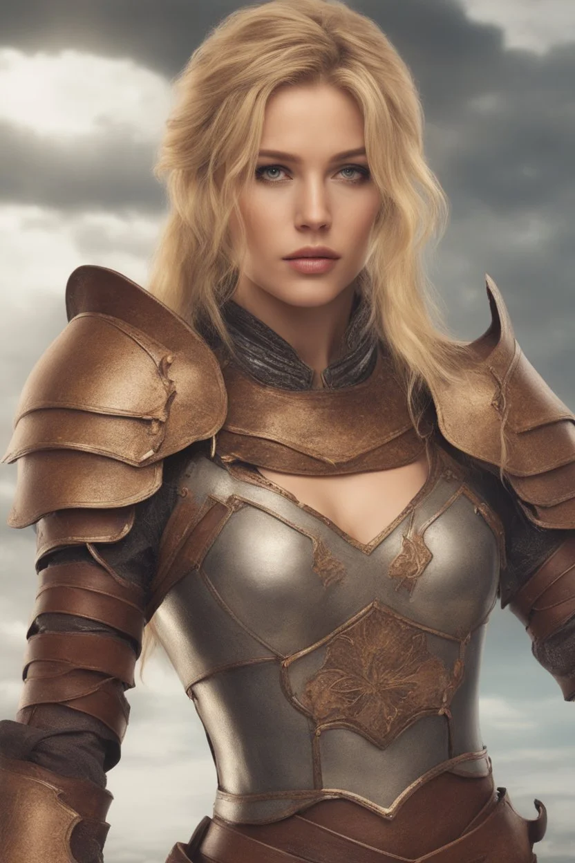 A beautiful woman with blond hair. Brown leather armor.