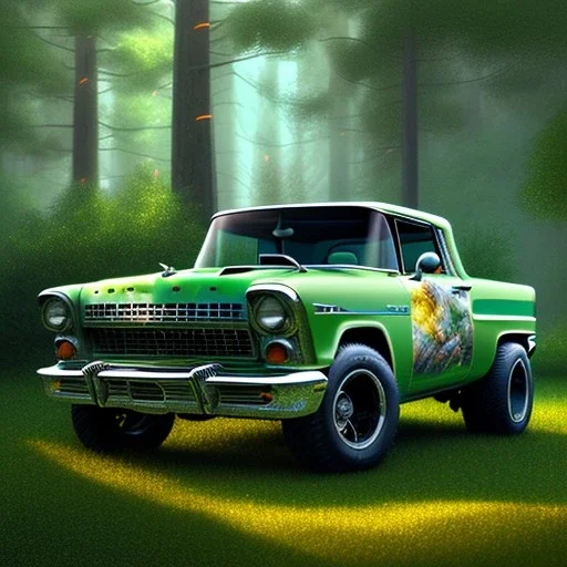 volumetric forest lush nature environment and background, concept study, close-up pencil sketch and color marker of 1955 chevrolet nomad monstertruck, house of kolor candy paint, hot wheels™, custom, car-toons, big moster truck, classic huge monster wheels, realistic shaded volumetric lighting, ambient occlusion, anime, backlight, random custom bodywork and coachbuilding by roy brizio