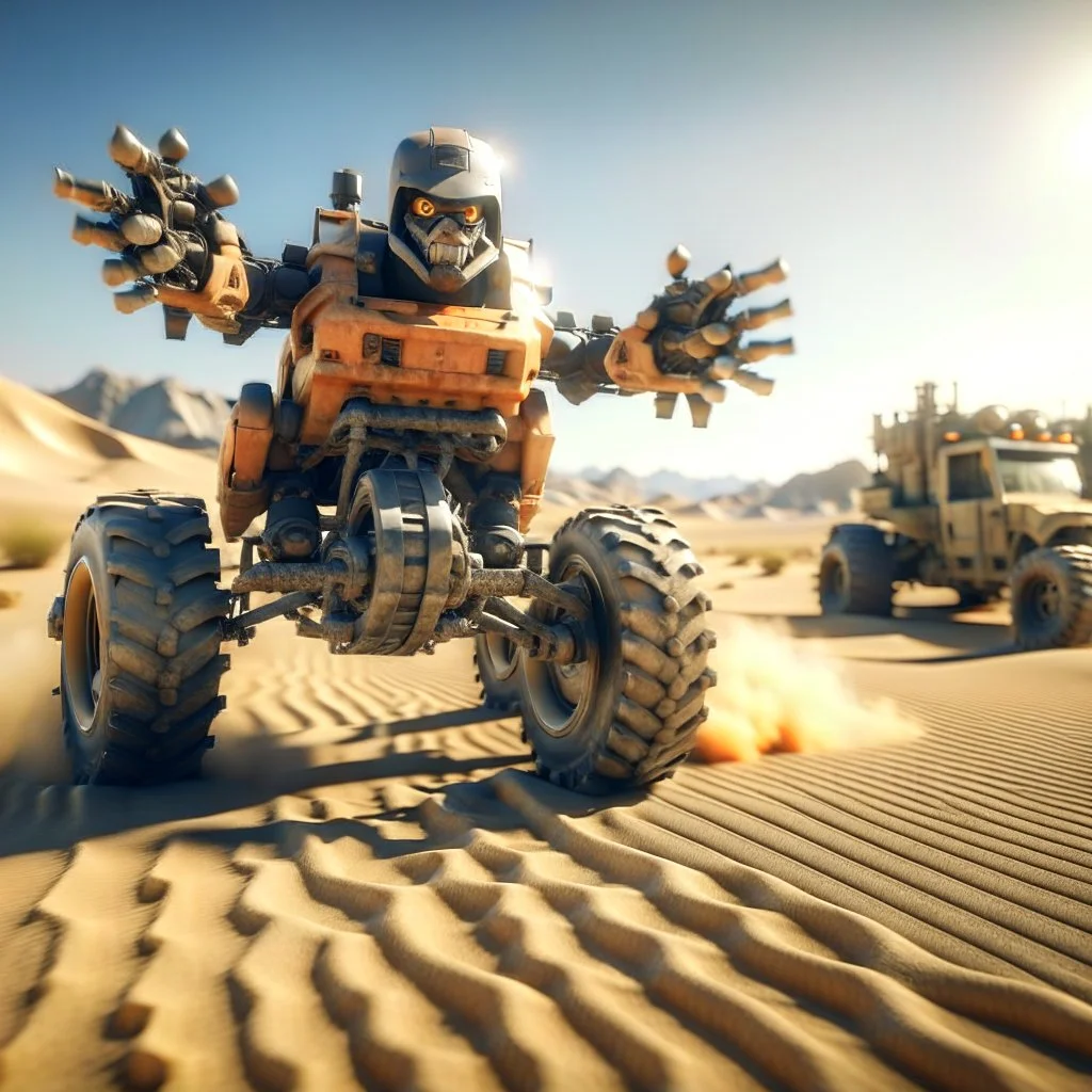 selfie of dangerous bot jumping a truck in the desert, photo-realistic, shot on Hasselblad h6d-400c, zeiss prime lens, bokeh like f/0.8, tilt-shift lens 8k, high detail, smooth render, down-light, unreal engine, downlight