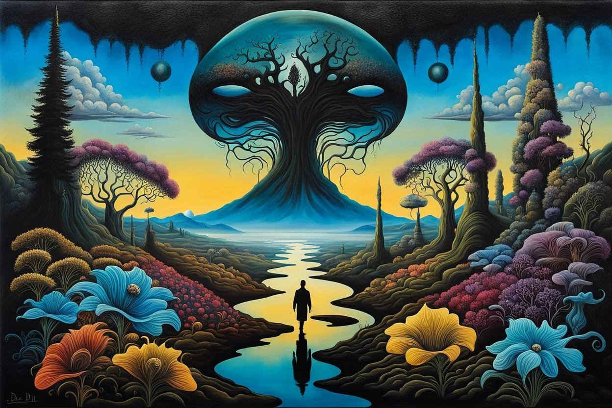 silhouette from an alien hybrid around Ethereal whimsical flower and trees, weird alien land, surrealism Salvador Dali matte background melting oil on canvas detailed matte painting sinister by Greg Rutkowski , klee, bosch, dark colors