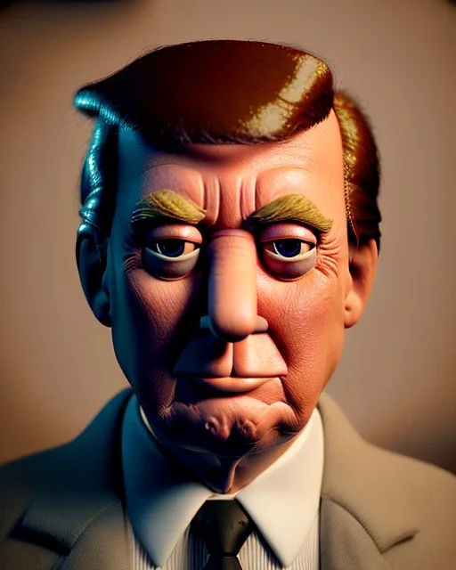 Waist up Portrait, Donald trump muppet, Sesame Street style, retro style, photo studio, unreal engine 5, god lights, ray tracing, RTX, lumen lighting, ultra detail, volumetric lighting, 3d.