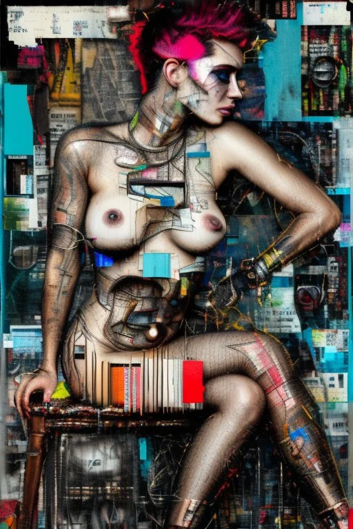 Ultra detailed medium portrait painting of a half naked woman sitting on a chair, no nudity, bended over, dark room with little light coming from an open door behind her, torn up collage of clippings, broken circuitry background, matrix effects, punk visual art, punk art aesthetic, graffiti art, pop surrealism, collage art, cluttered paint glitches