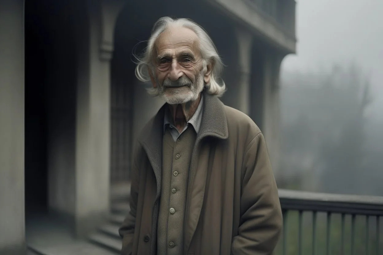 Portrait of a very old man, ethereal dreamy foggy, photoshoot by annie leibovitz, editorial fashion magazine photoshoot, fashion poses, in front of brutalist building architecture. kinfolk magazine. film grain. a soft smile