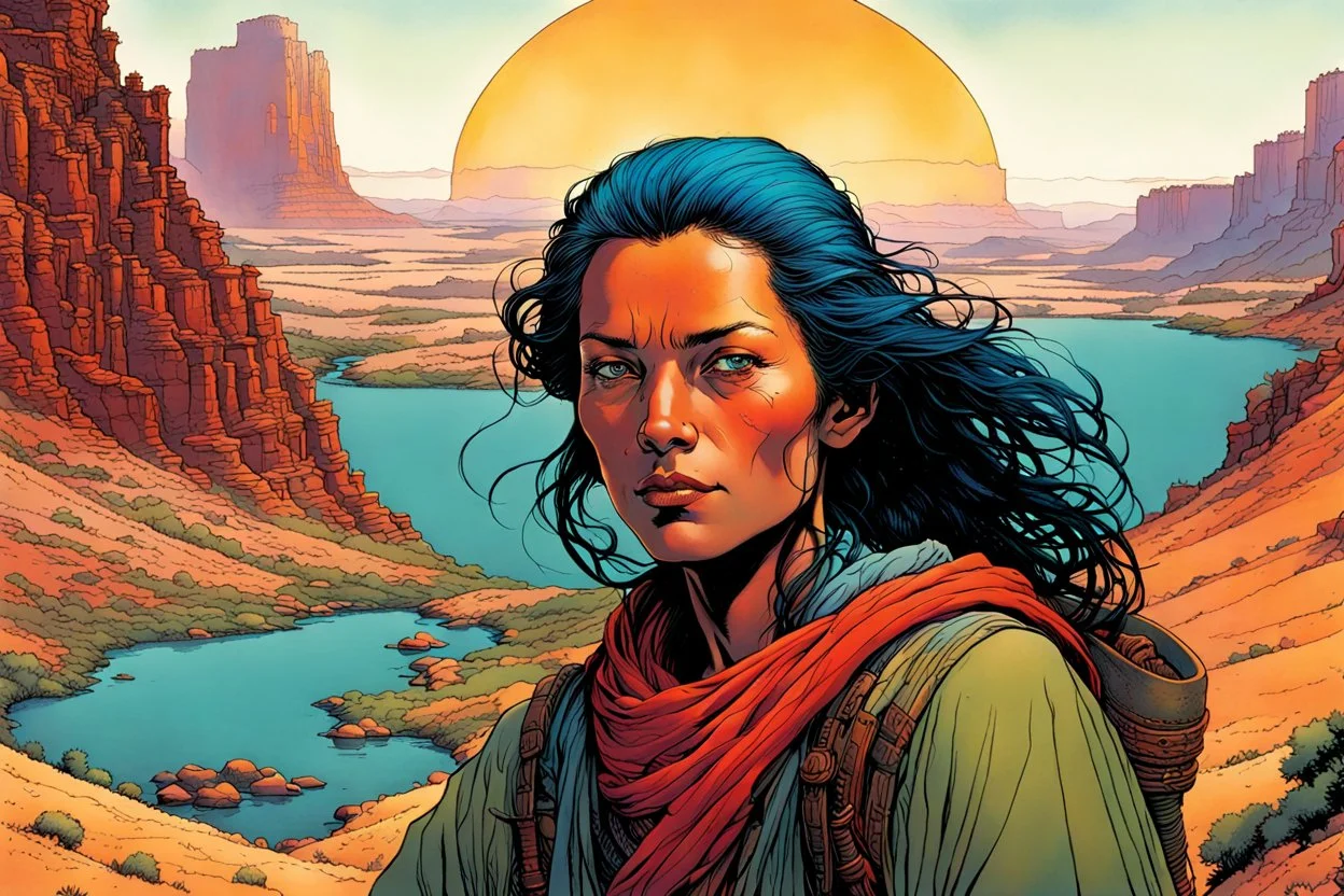 create an portrait of a nomadic shepherdess with highly detailed, delicate feminine facial features, inhabiting an ethereal tropical canyon land in the comic book style of Jean Giraud Moebius, David Hoskins, and Enki Bilal, precisely drawn, boldly inked, with vibrant colors