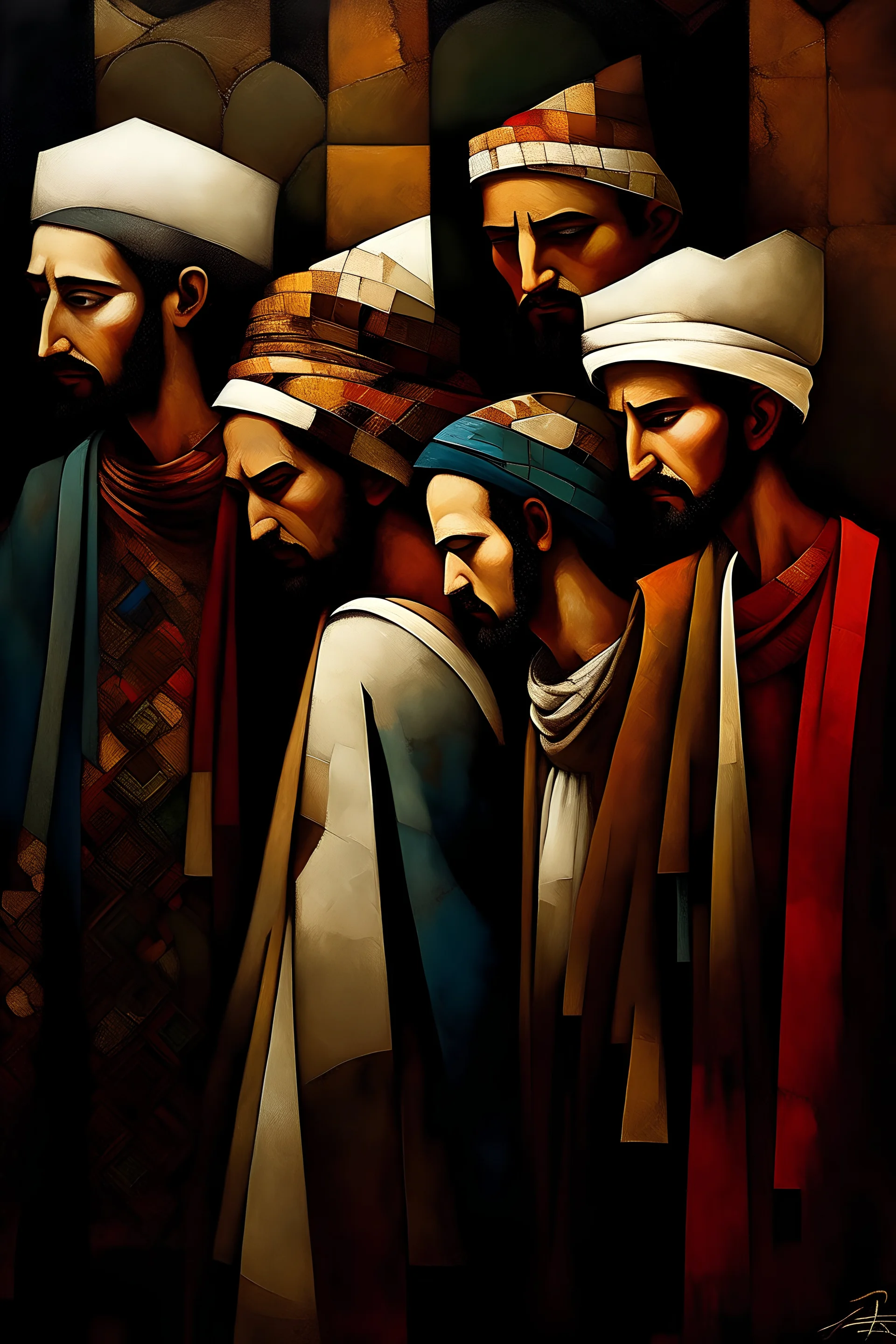 Arab group of men quality, highly detailed, painting involves blending classical elegance with a contemporary twist, The focal point is an enigmatic figure inspired by film noir protagonists, positioned against a backdrop of nature and urban sophistication, Employing chiaroscuro techniques akin to Caravaggio, the play of light and shadow adds mystery and intimacy, The attire combines classical and modern fashion, with intricate details reflecting haute couture craftsma