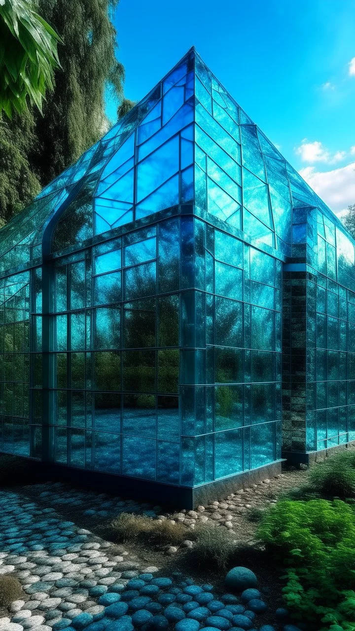 House in glass garden colored with light blue glass texture out of this world environment, Busch painting style