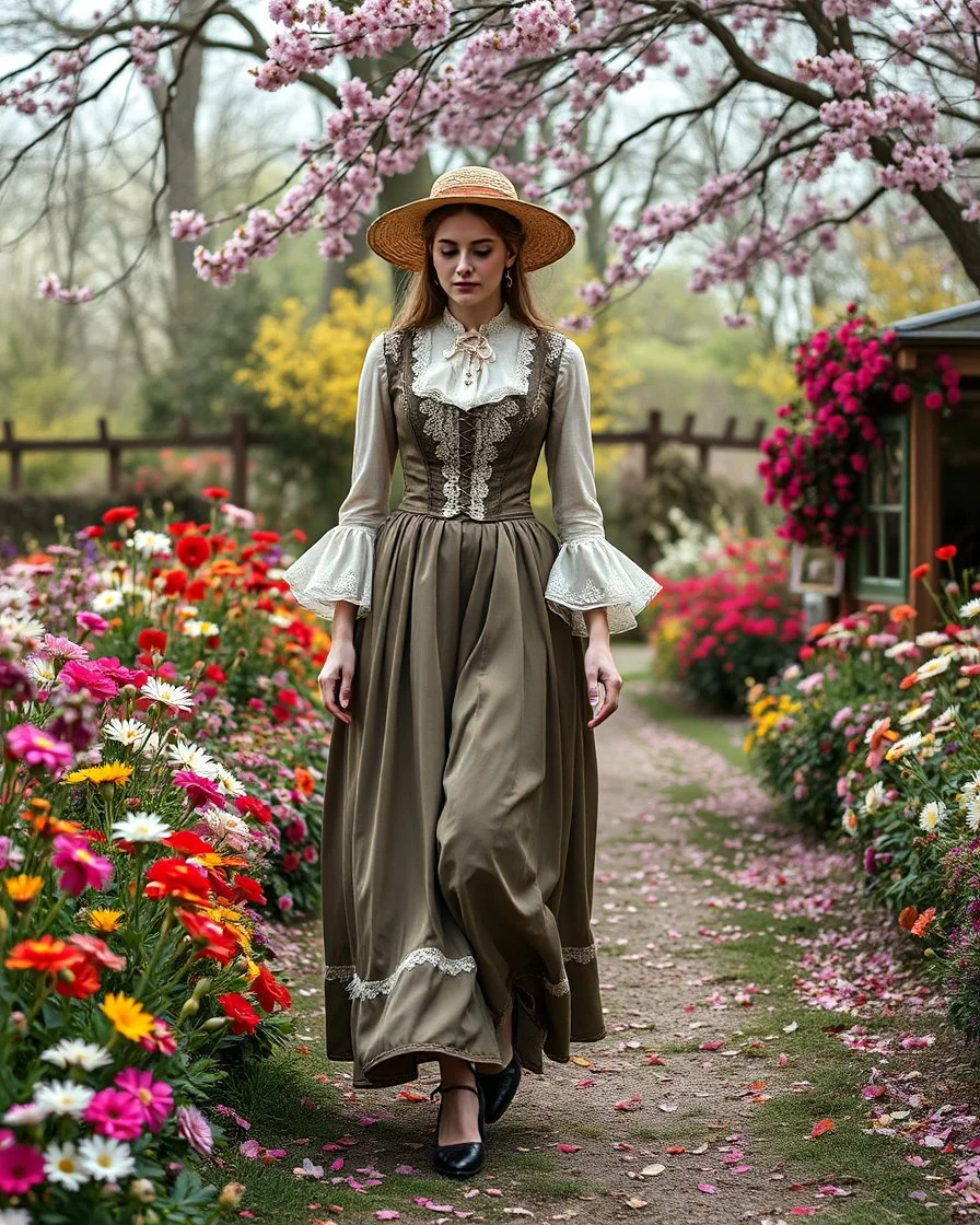 create a video , in a pretty nature of conuntry side a big mas of ramdom pretty flowers fall down and a beautiful lady in victorian clothing comes out and walks with cute in the flowers garde