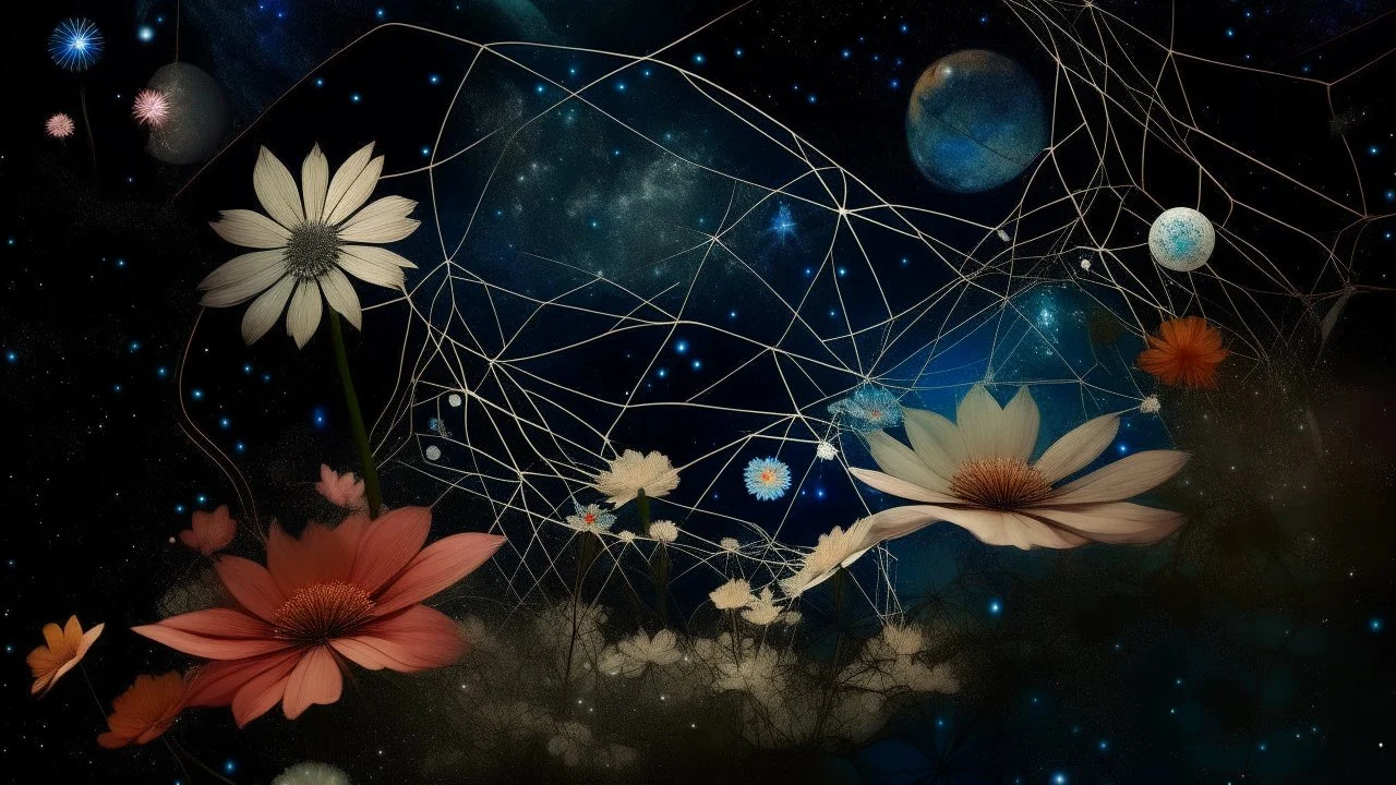 An abstract photo of the cosmos with stars, plantes, and geometric symbols.