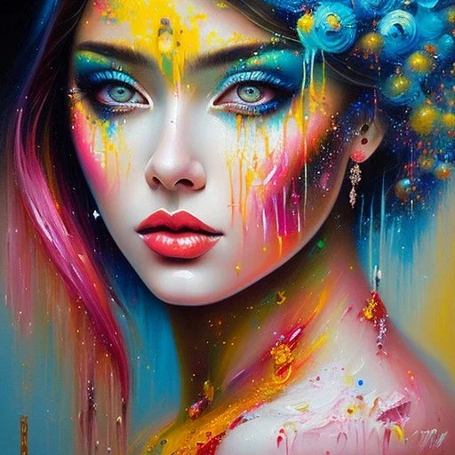 iv_a painting of a young woman, figurative art, an acrylic detailed painting, , brush strokes, paint drips and drabs and splatters by Harumi Hironaka, turquoise pink and yellow, james terrell art, trending on artstation, soft lines,intricate art by bastien lecouffe deharme and greg rutkowski