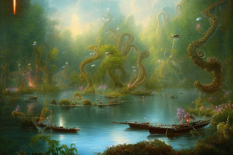 Looking out over a lake, in an alien forest, with tall cloud trees, flying Portuguese men of war with octopus tentacles