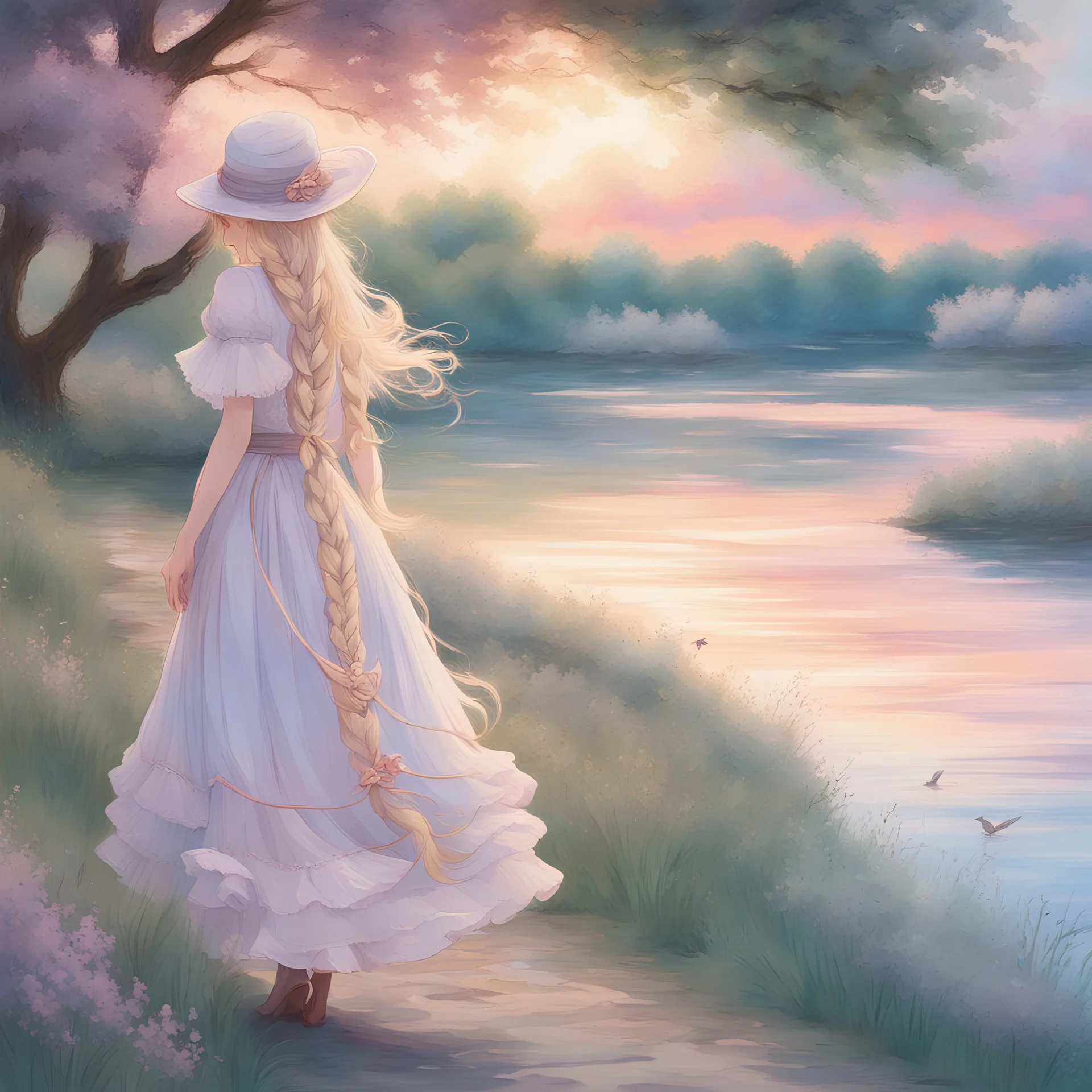 A stunning young woman with long braided ash blonde hair, adorned in an exquisite dress and hat, gracefully strolls along the banks of the Thames River. The vibrant colors of the anime-inspired painting create a dreamy and breathtaking atmosphere. The artwork, created by the talented artist Alexis Flower, captures the ethereal beauty of a picturesque morning. The flowing lines and delicate details in Lynn Varley's illustration elevate this piece to a level of sheer beauty and elegance. Truly a m