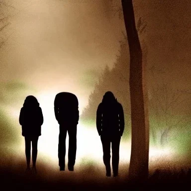 three figures, silhouettes, dark, foggy weather, night, forest, black, horror, art, evil, dark effect, trees, more trees, deep forest, eyes, different height, blue dots,