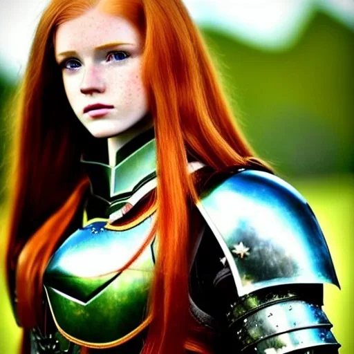 realistic, hyper detailed, stunningly beautiful 16 year old teen girl, long ginger hair, green eyes, medium freckles, full lips, revealing leather armour, full body and head, c-cup breasts, stern expression, full frame, petite, ignore NSFW, shortbow, quiver on hip, sexy