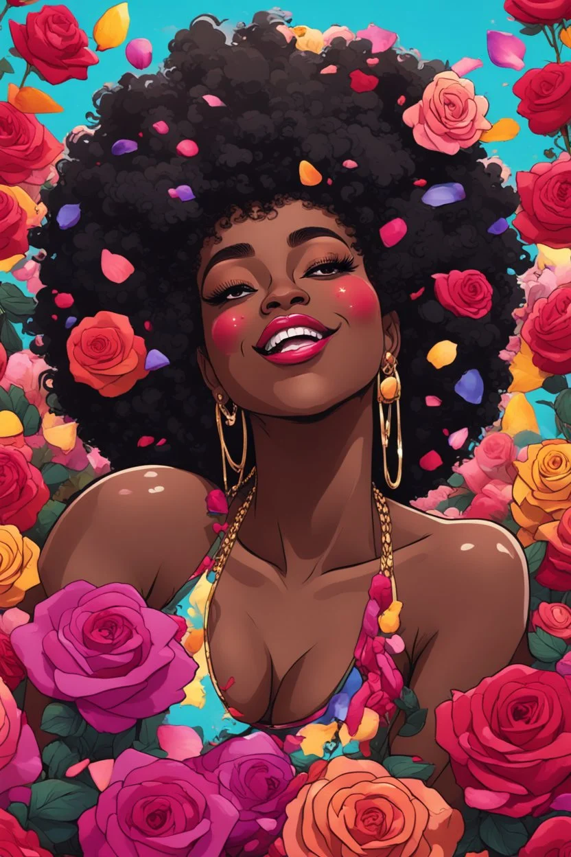 A sassy pop punk art cartoon of a black female lounging lazily on her side, surrounded by colorful roses flower petals. Looking up coyly, she grins widely, showing teeth. Highly detailed black afro , regal expression.