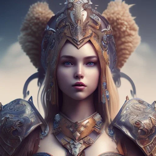 portrait of a warrior with godddes beautiful girl themed armour, extremely detailed, dslr, macro lens, perfect position,hyperphotorealistic, unreal engine 5, octane render