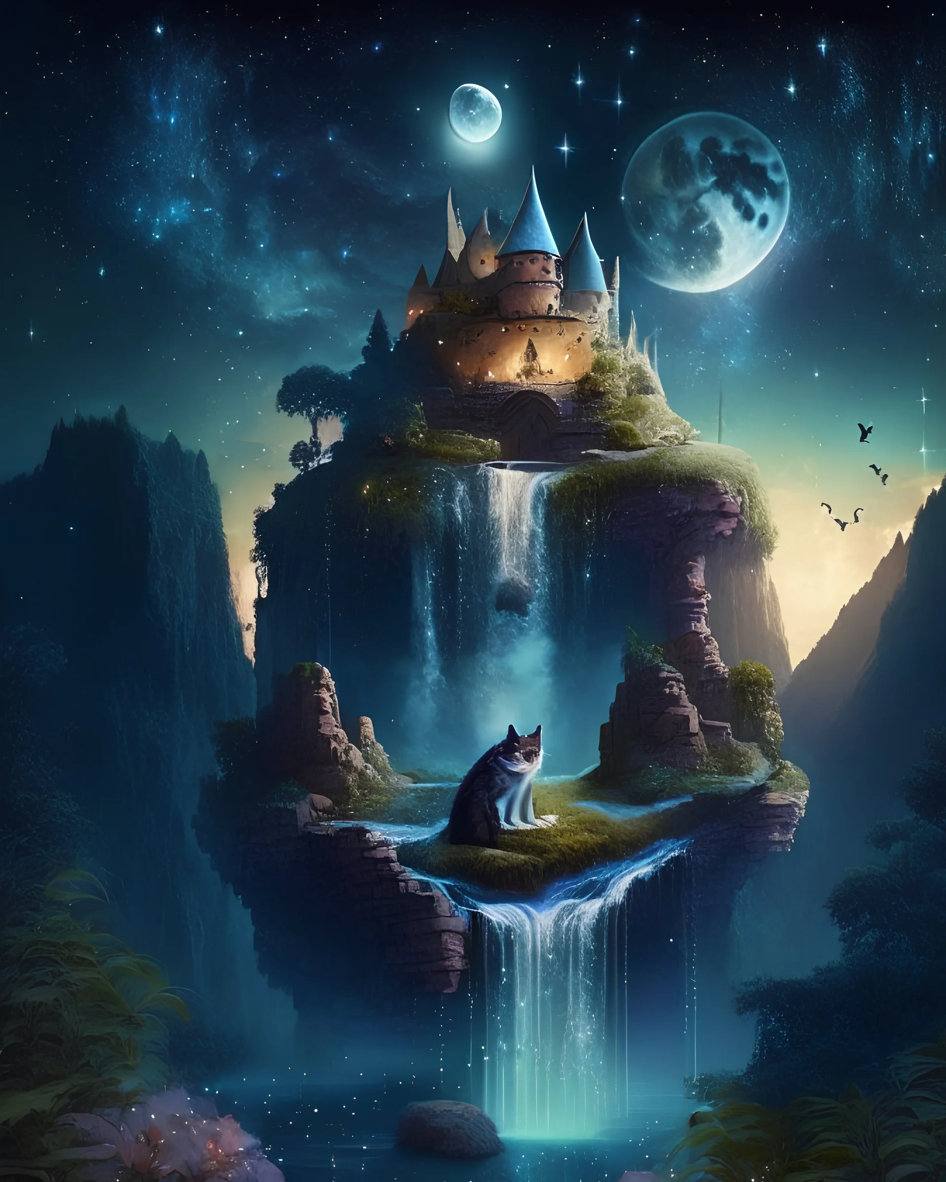 Mystical floating island with a lush garden,castle, mountain, landscape, ancient ruins, and a cascading waterfall,roof looking cat, under a starry night sky.