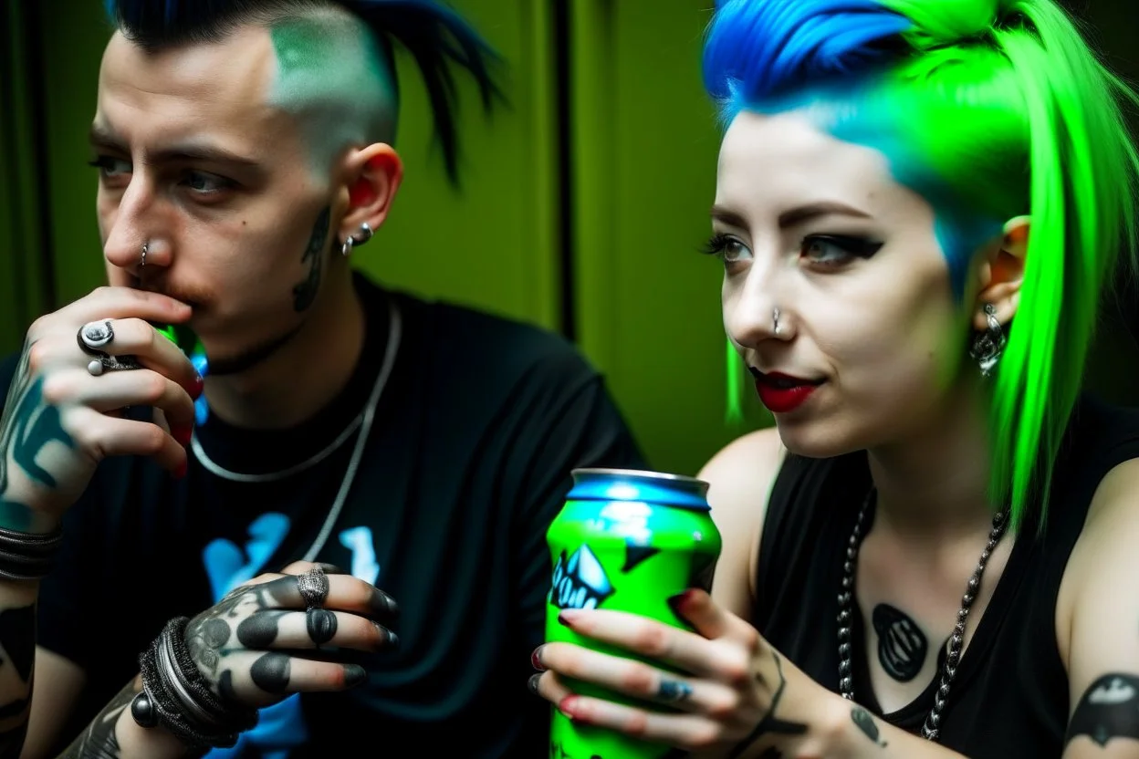 Un pareja punk, con crestas de colores azules y verdes beben unas latas de Coca Cola