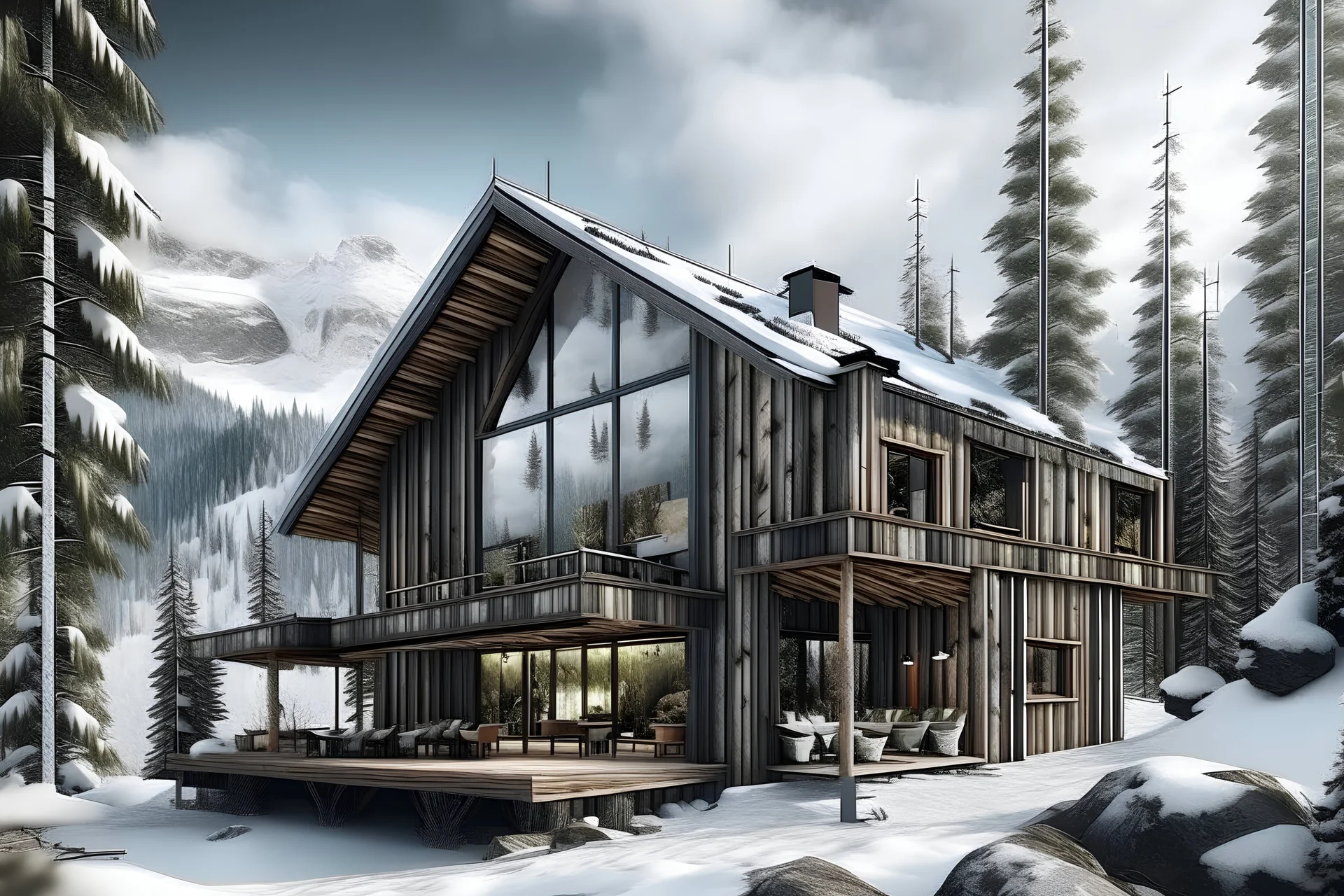 rustic ski lodge in forest with big mountain background brown and gray shades on a white background