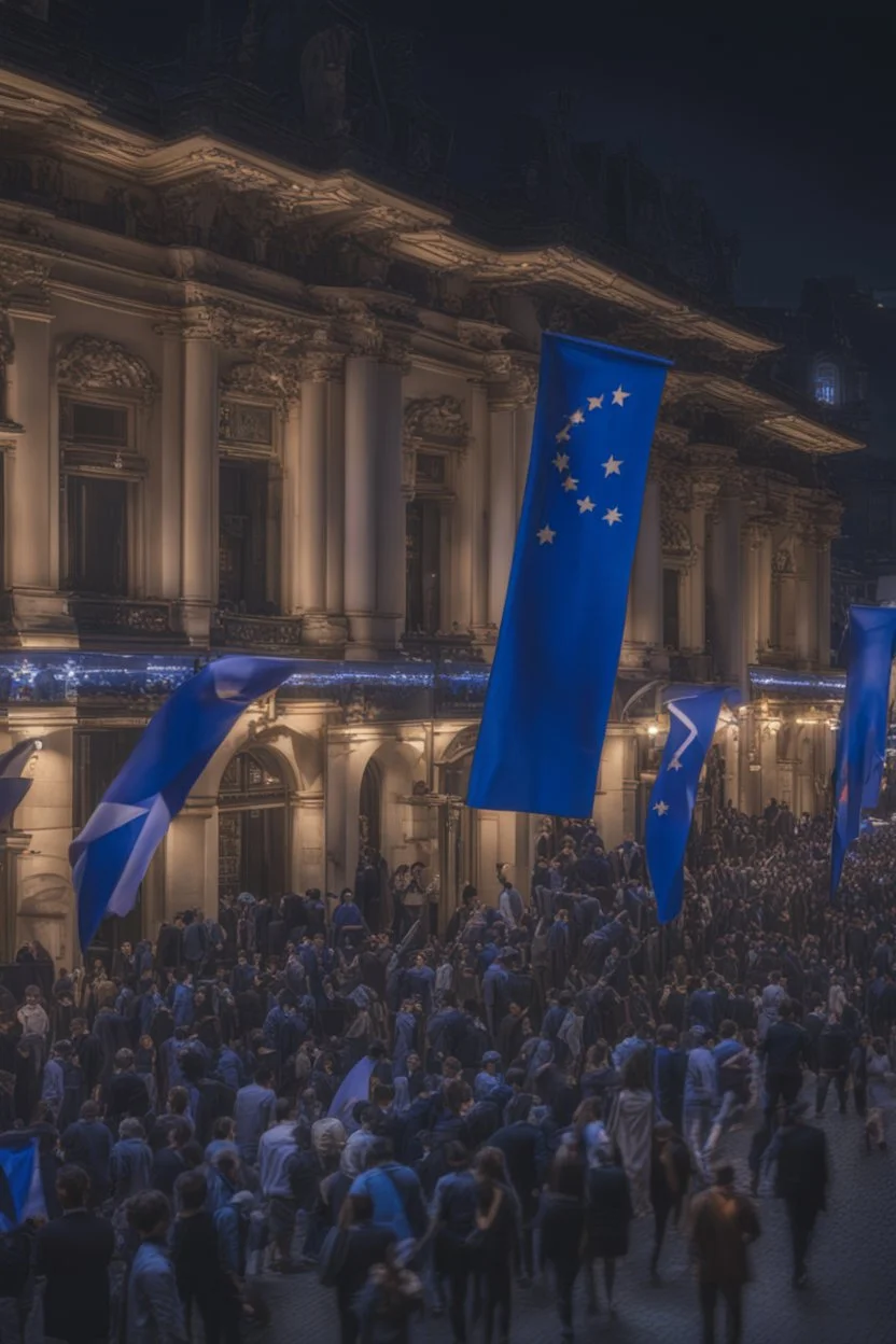A full street in a big city with frech style building. The street is filled with blue flags held by people late at night