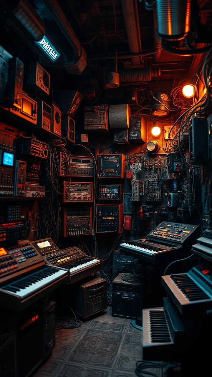 Si-Fi, The permanent under atmospheric lighting effects, a whole wall filled with synthesizers and electronic devises . intricate historical moody atmosphere, eerie grimdark ambiance, complex motherboard accents, speculative fiction art. Bokeh