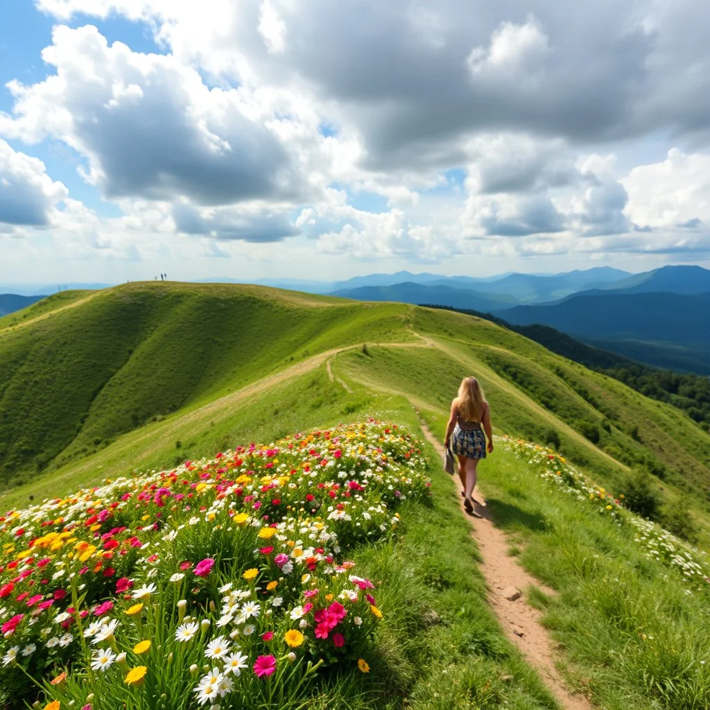 beautiful Green hills covered with flowers colorfull ,blue sky heavy clouds with godray ,very nice flowers at closeup ,wonderfull mountains at distance,beautiful lady look at camera ,walking at hills full body shot