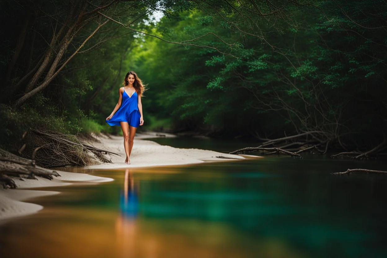 beautiful girl in blue and orange short and top walking toward camera in trees next to wavy river with clear water and nice sands in floor.camera capture from her full body front