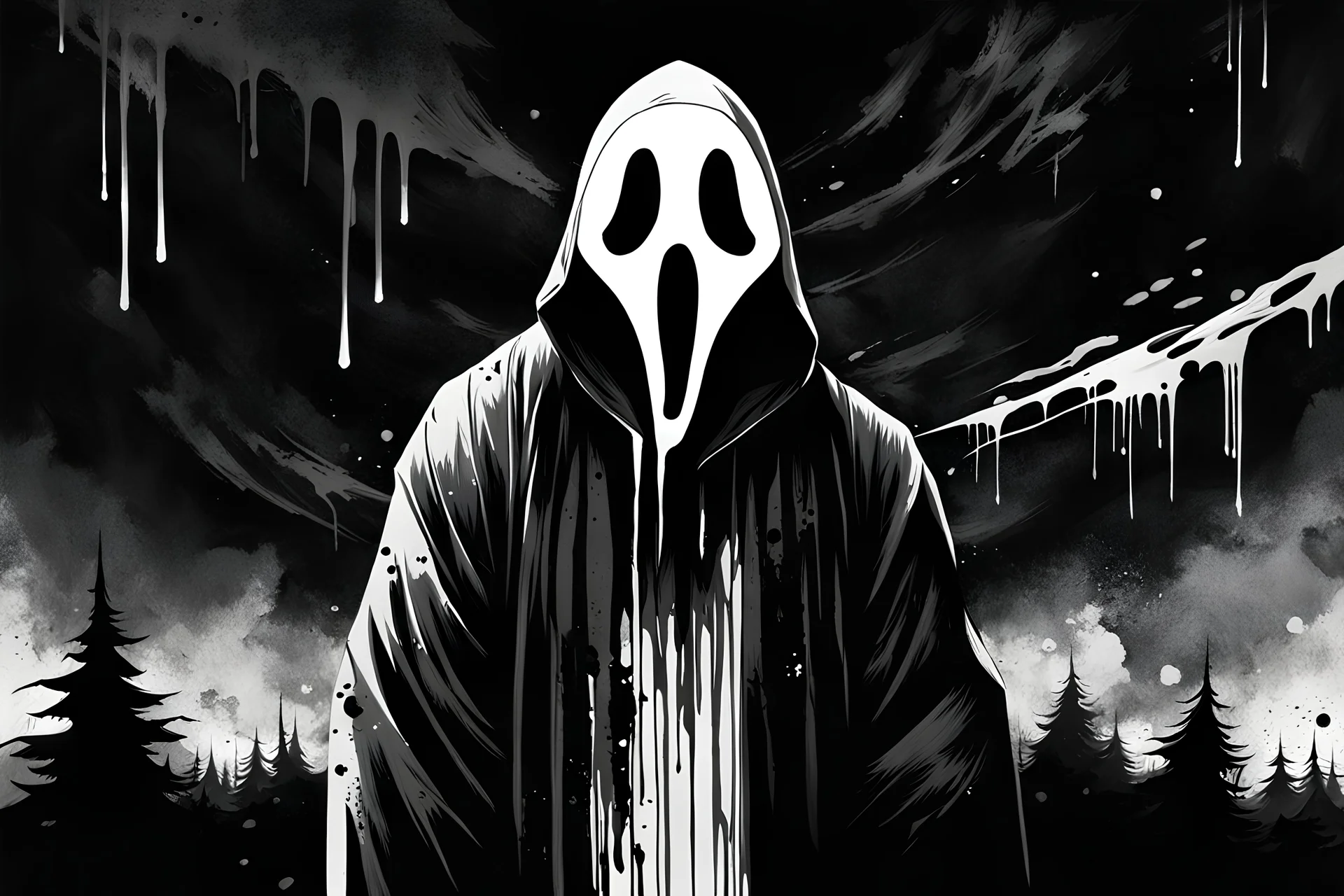 Ghostface from the Scream series, negative black and white Speedpaint with large brush strokes by, Junji Ito, Ismail Inceoglu, Gazelli, Kouta Hirano, Takato Yamamoto, paint splatter, white ink, a masterpiece, 8k resolution, trending on artstation, cute, gothic horror, terrifying, highly detailed and intricate