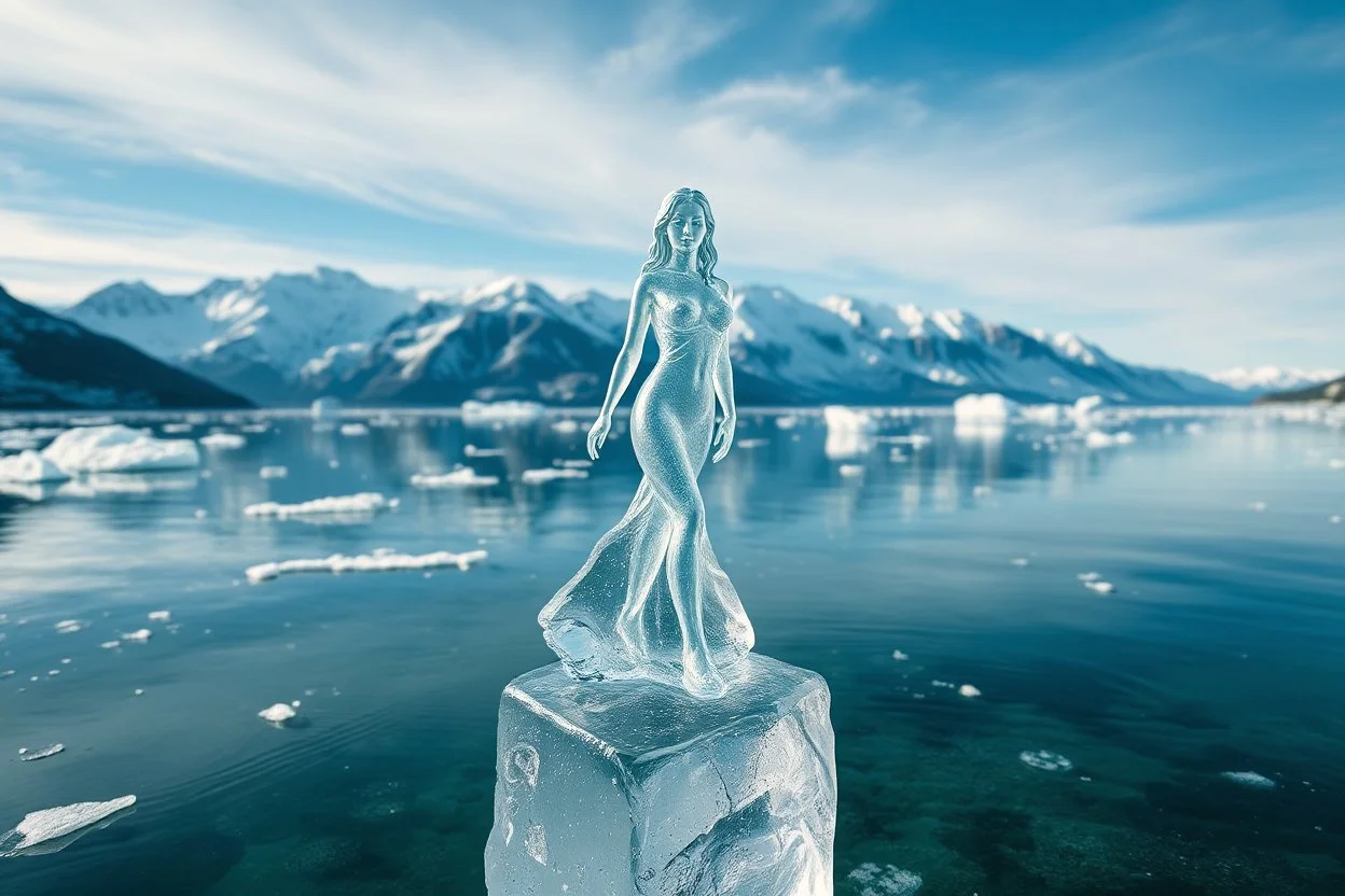 in a frozen sea with pretty mountains a full model lady statue made of frozon water in artist pose standing over a ice block looking at camera, of clear glass like ice that going to melt and water drops fall from all body.