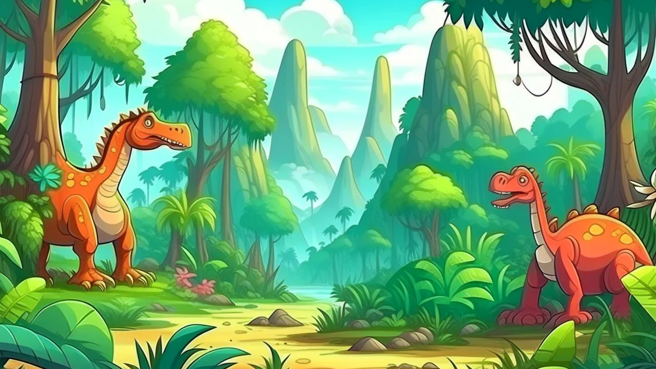 Cartoon illustration for children: Cenozoic rainforest, millions of years ago, with towering prehistoric trees, a volcano, and strange looking gigantic plants