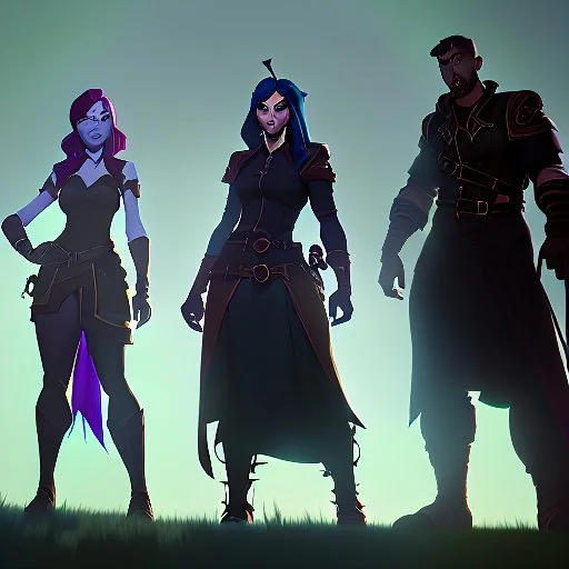 A group of four characters from a fictional book world. A witch, a gladiator, a thief, and an enchanter. The characters are in a dark forest. The characters are shrouded in mystery.