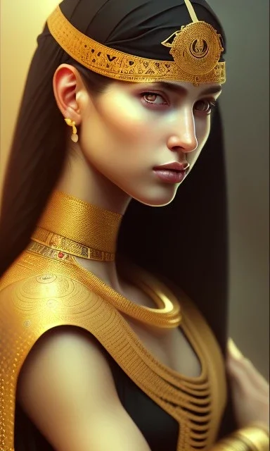 Arab young woman ,Arabic features، cute, beautiful, black eyes,Natural contours, real skin ,Modest Arabic style dress، head and shoulders portrait, cinematic, 8k, resolution concept art portrait by Greg Rutkowski, Artgerm, WLOP, Alphonse Mucha dynamic lighting hyperdetailed intricately detailed