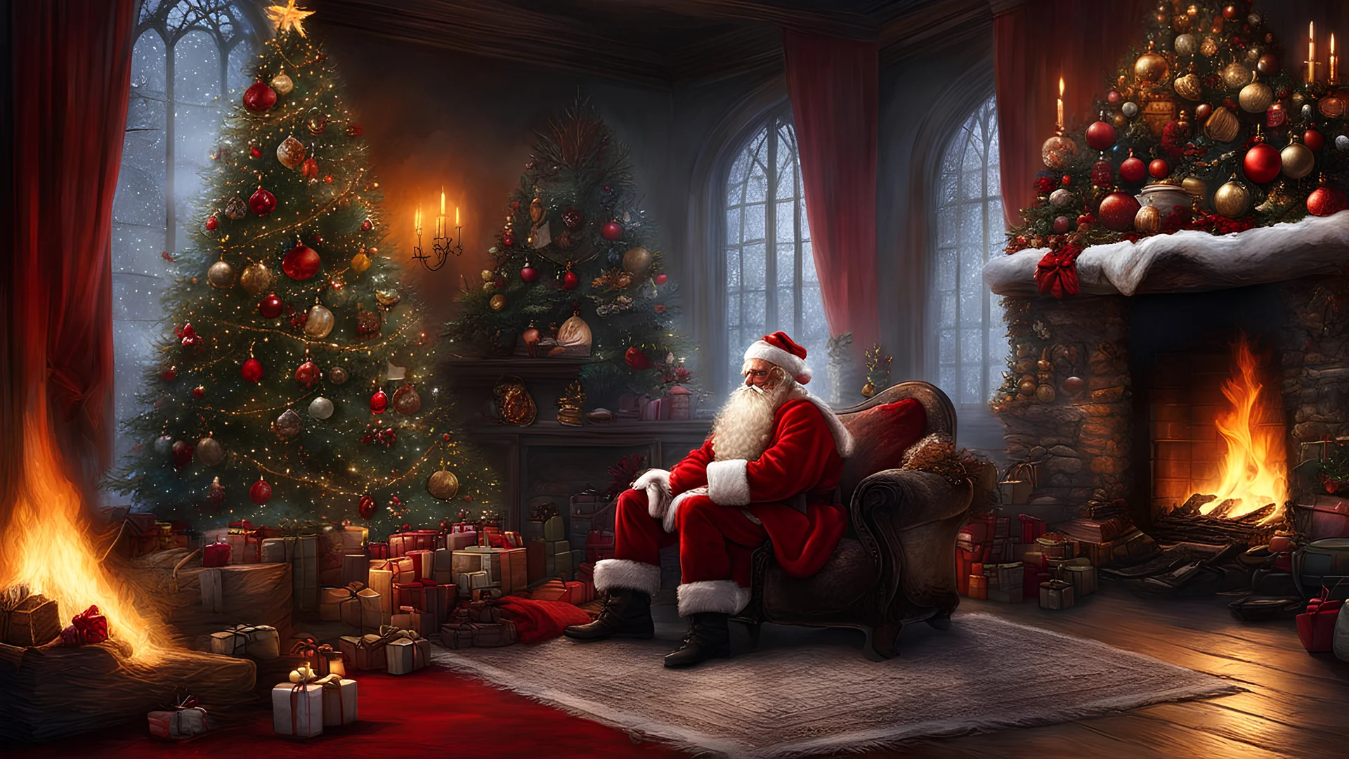 skeleton body, Santa Claus sat next to a log fire, Christmas decorations and a Christmas tree, Bastien L. Deharme, highly detailed digital painting, gothic art