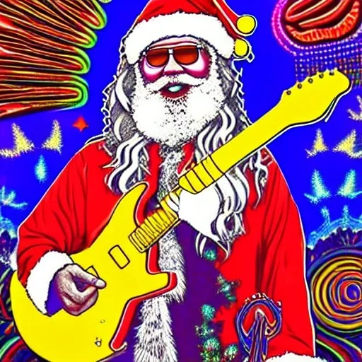 hippie Santa playing electric guitar psychedelic peace sign, MUSHROOMS, TRIPPY, ACID, LSD