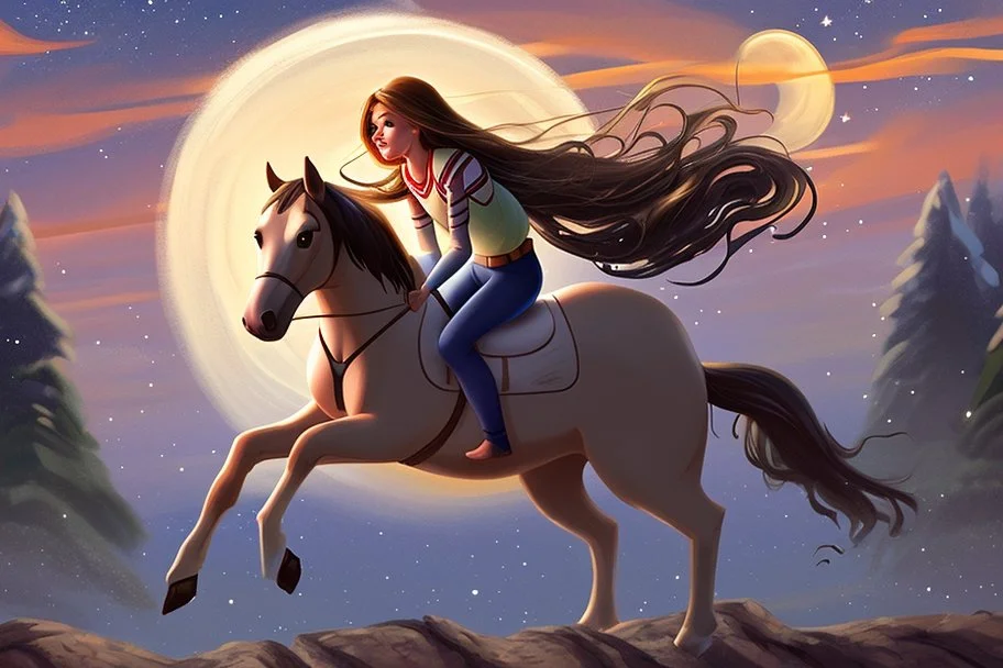 a long, brown-haired girl rides a horse dynamically across the night sky, leaping over a pile of different cookies. Shining moon, in starshine