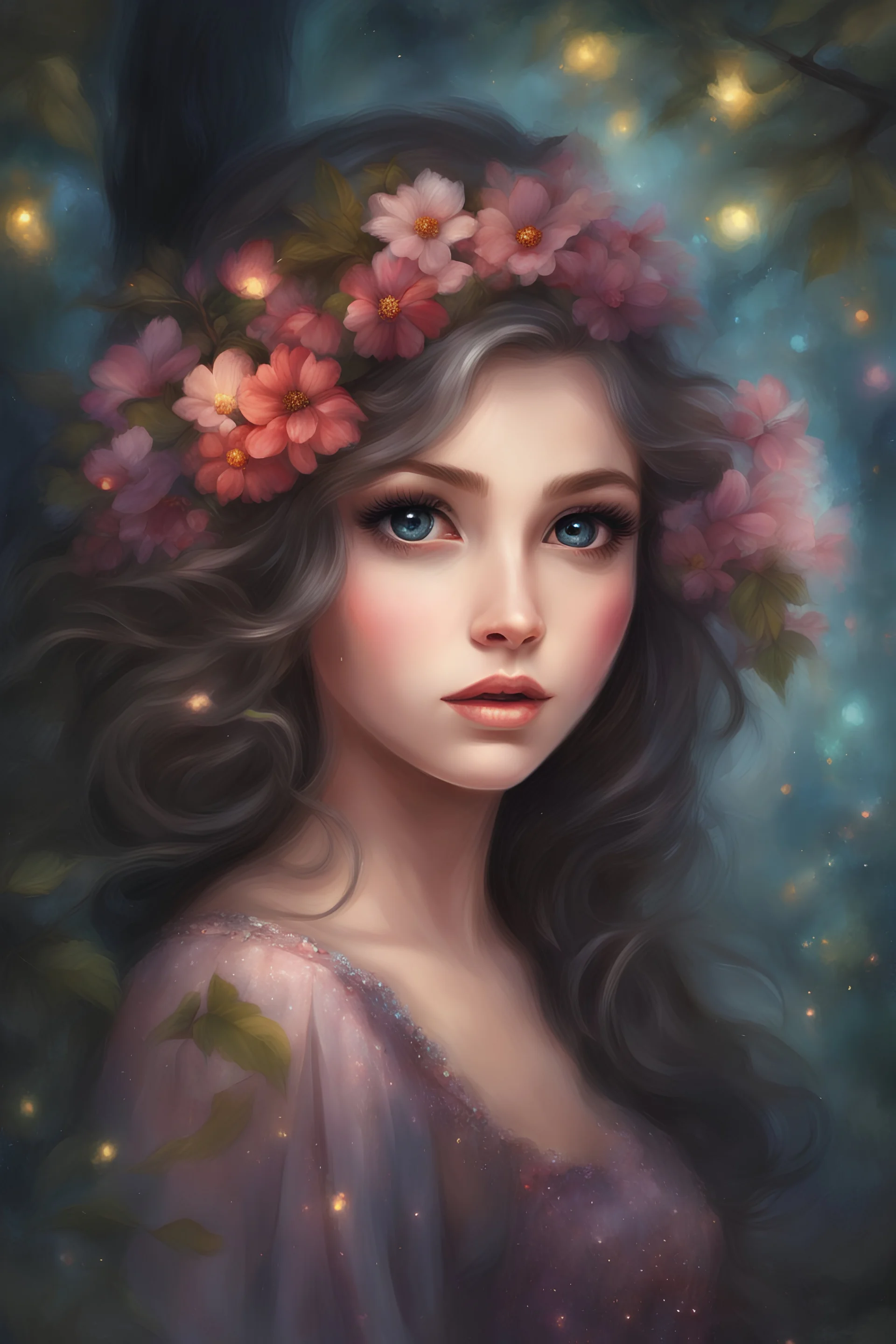 Painting of a beautiful girl, beautiful, haunted forest, flowers on her head, glitter dress, young girl, digital painting, fantasy art, pretty face, inspired by Thomas Kinkade, anime portrait, barbie face, big eyes, bright eyes, dream, trees, forest background, dark night, song, glitters background, fantasy, high quality, 8k