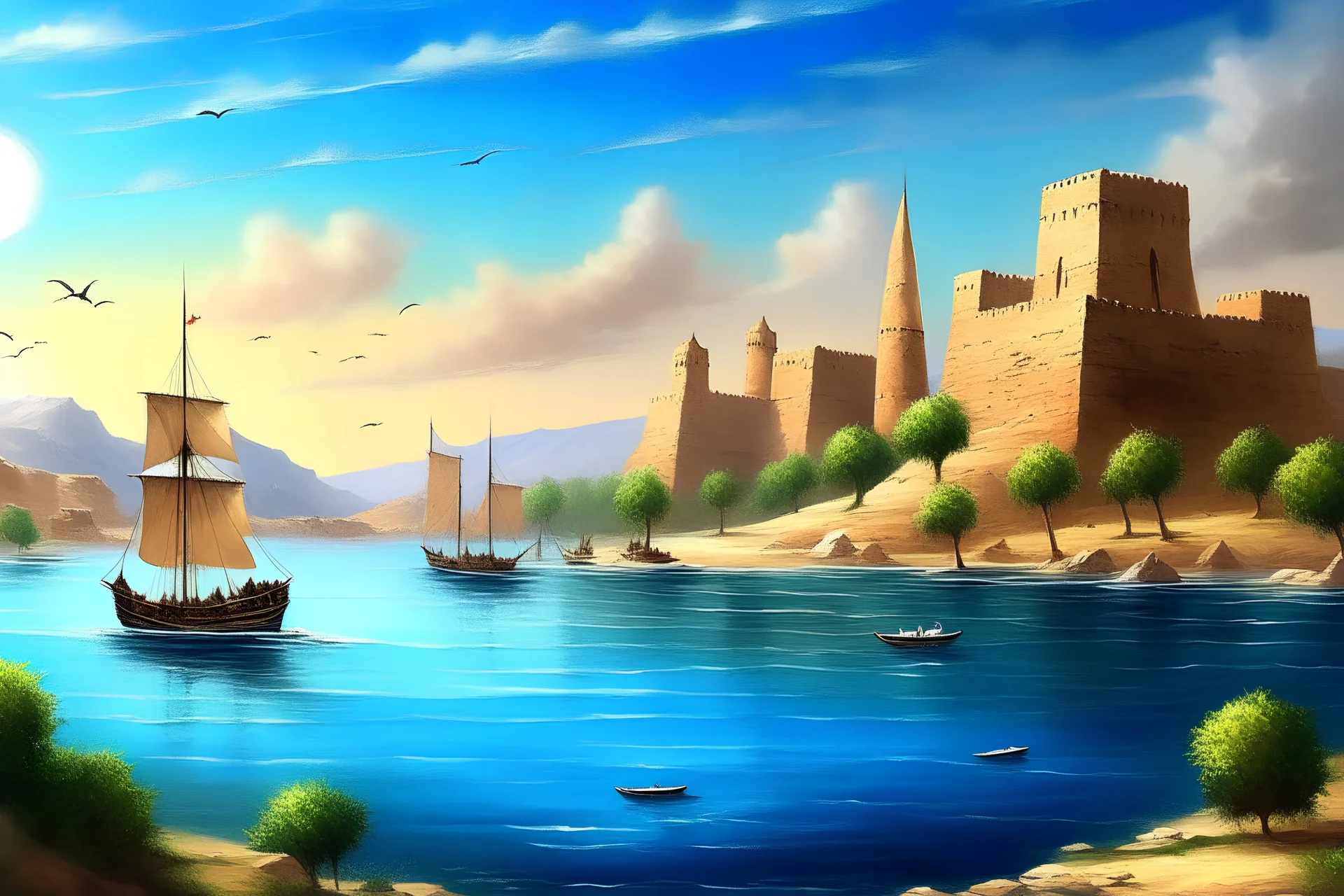 Realistic painting style, Nile, fortress, sailing boat