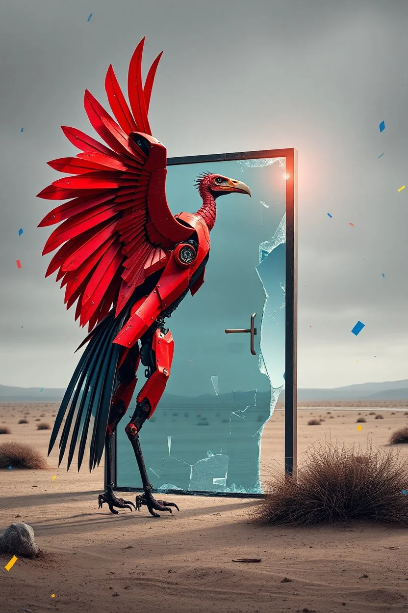 vibrant artwork featuring a red mechanical vulture made of scrap metal rearing against an arafed damaged glass door with frame standing in the middle of a desert, amazing reflections, amazing verticals, dramatic, dynamic, anxiety vibe, background is a blend of gray tones and random splinter glitch fragments in cobalt blue and yellow, creating an unnerving atmosphere