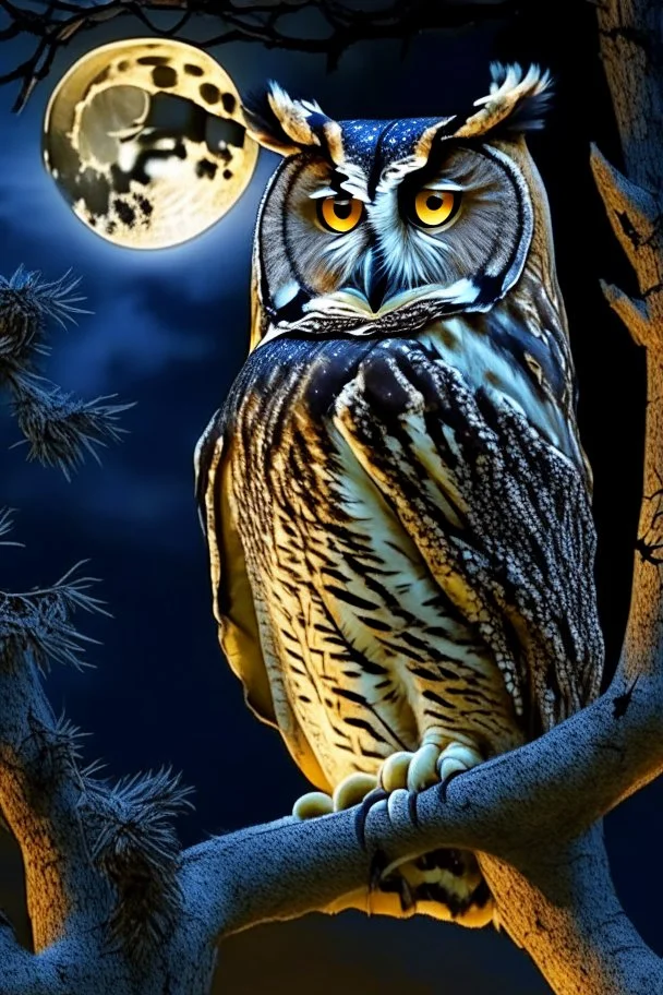 a horned Owl sitting on branch in oak tree with full moon behind it