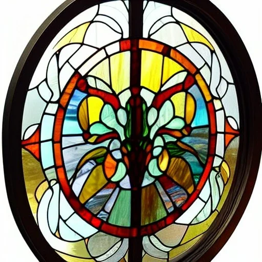 round wrought iron frame window with stained glass effect, highly detailed, intricate, warm colors, alphonse mucha