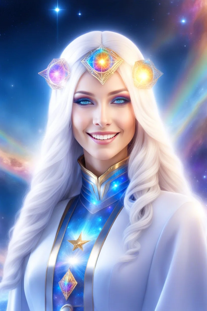 cosmic woman smile,galactic fédération, admiral from the future, one fine whole face, crystalline skin, expressive blue eyes,rainbow, smiling lips, very nice smile, costume pleiadian, Beautiful tall woman pleiadian Galactic commander, ship, perfect datailed golden galactic suit, high rank,rainbows hair, hand whit five perfect detailed finger, amazing big blue eyes, smilling mouth, high drfinition lips, cosmic happiness, bright colors, blue, pink, gold, jewels, realist, high,ufo,birds rainbow,