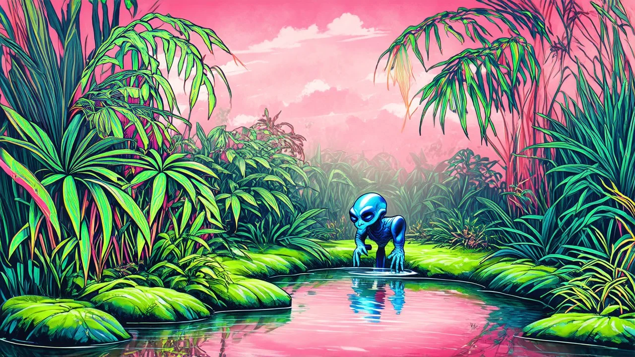 sketch lines, A botanical garden on an alien planet with thick, colorful foliage, featuring a small lagoon with shimmering water reflecting a vibrant pink sky, and a lone alien creature with blue skin drinking from the water., sophisticated muted-green color scheme, pencil drawing