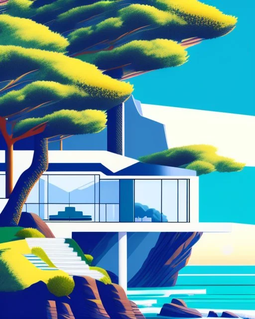 Architectural illustration of a captivating masterpiece of modern minimalist architecture, neo-futurist style. The scene shows a luxury house or resort on a cliff by the sea. Trees three people. Clear summer weather. Complementary colors. 8k