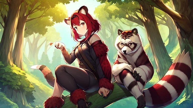 5Girl, red hair, raccoon ears, raccoon tail, raccoon face, forest, sit on tree, raccoon paws on hand, paws on foot,