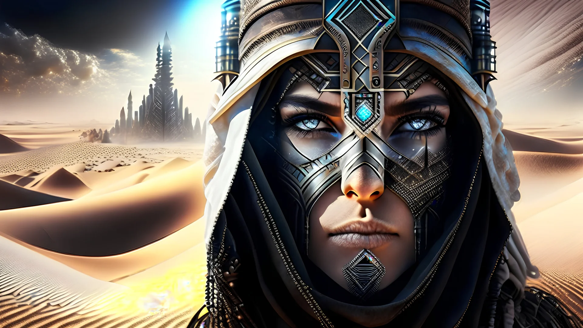 White desert sands with black tower painterly fantasy art matrix style cyborg portrait detailed symmetrical realistic eyes steampunk cyborg cyborg intricate detailed to scale hyperrealistic dark lighting digital concept art