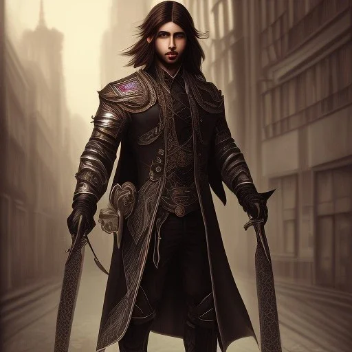 Male, Human, dark long hair, Black Eyes, Young, Photorealism, Full Body Shot, City Background, sharp focus, dark, black, steampunk, sword