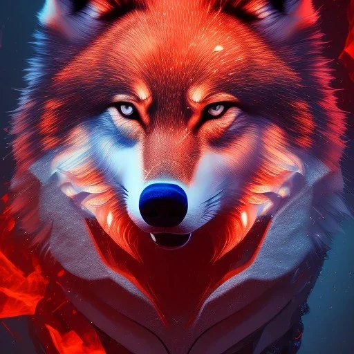 Wolf, red, fire, blue, water, 8K, cinematic lighting, sharp focus, masterpiece, expert