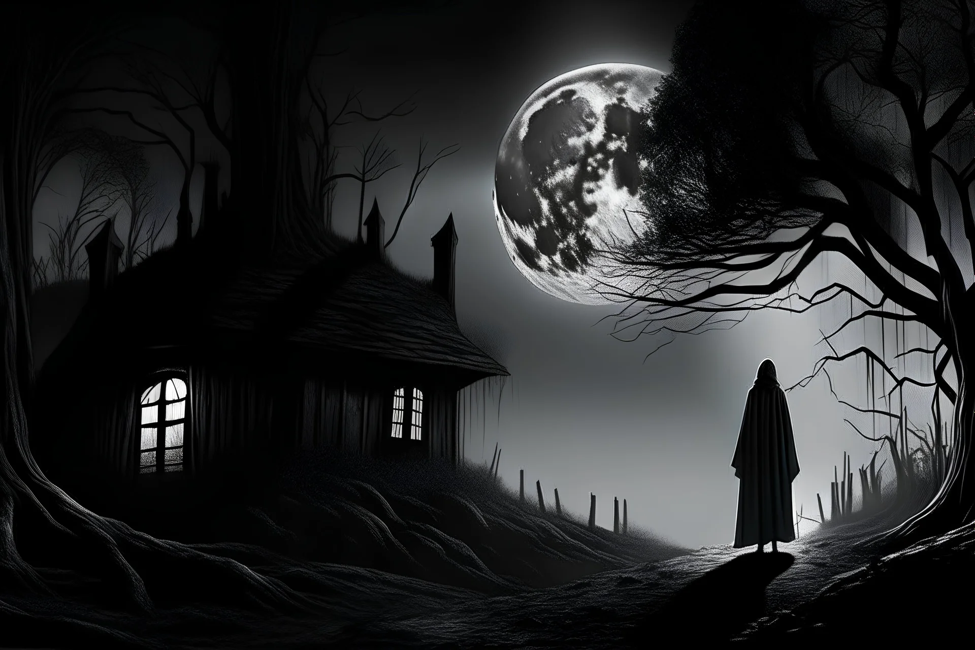 scene, horizontal black and white, forest fog, superbig full moon, moon is a center of image, tim burton character, woman wiht cape and hood, woman stand up on spiral rock, face woman sad, super big eyes, circles eyes, background old house, high house more rooms, backlight, sad,