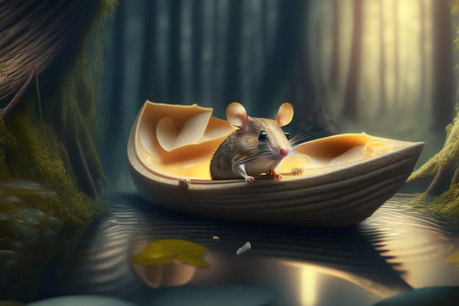 strong mouse in cheese boat, in monlit forest by stream, book illustration, fine detail, 4k, trending, volumetric light, depth of field